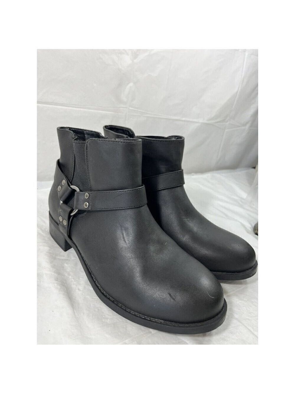 Aukusor Womens Sz 7.5  Ankle Boots  Black Harness faux leather